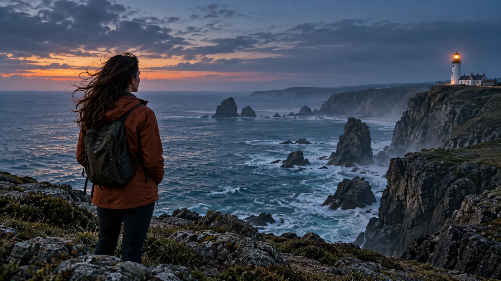 Illustrative widescreen frame showing a person on a coastal overlook and a lighthouse